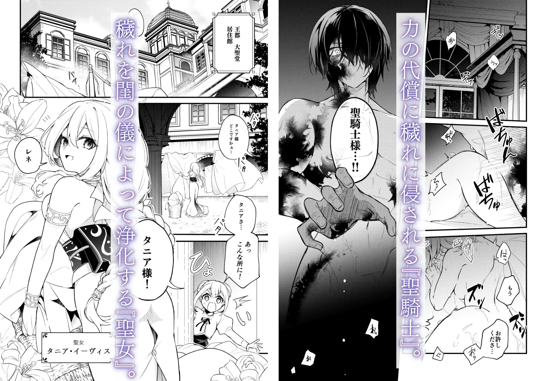 聖女タニアと聖騎士ハルクォードの関係性が始まるサンプル場面